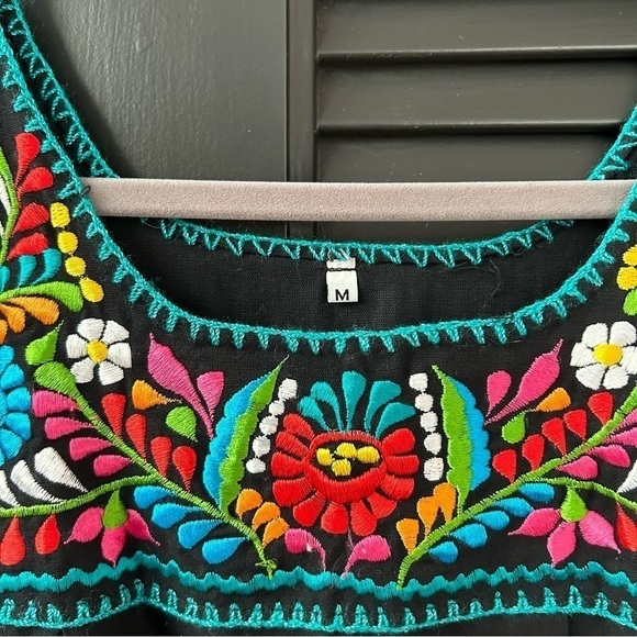 LBD Mexican Style! Black Mini Dress With Colorful Embroidery, Size Medium - Picture 4 of 14